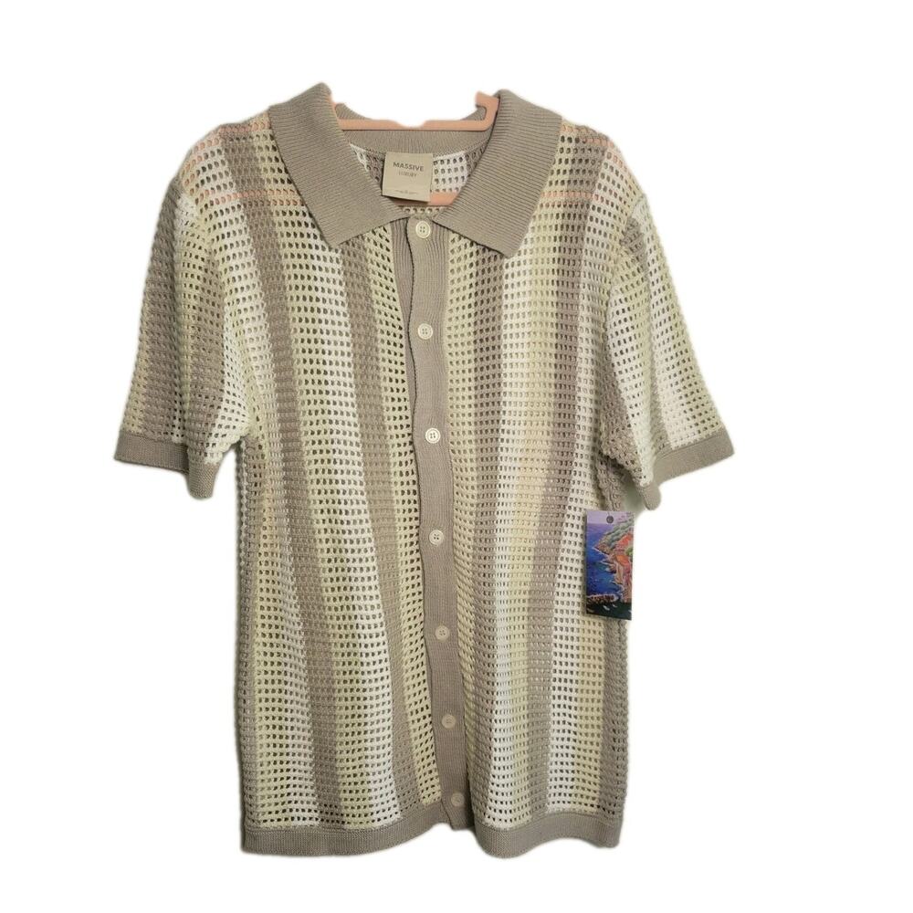 Massive Luxury Crochet Knit Polo Shirt Beige Striped Button Up  M Cotton